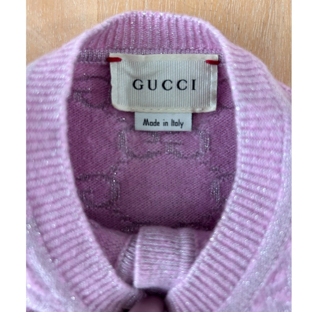 Gucci Pink Cardigan Sweater Sz 9-12 (Months) Bow Jacquard Metallic Wool Italy